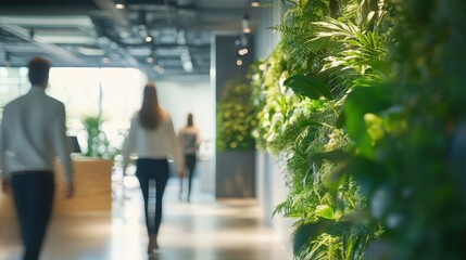 People strolling through a modern office with lush green plant decor, captured with a motion blur effect to emphasize the vibrant and dynamic work environment