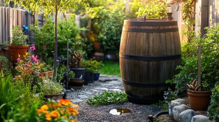 Rainwater collection setup in a garden featuring a large barrel and filtration system, illustrating an eco-friendly water reuse concept for sustainable gardening