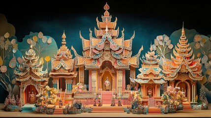 19. A 3D paper art scene with a Thai-inspired temple festival, featuring ornate paper temples, colorful decorations, and traditional dance performances. The design incorporates rich colors and