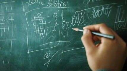 Teacher&rsquo;s Hand Writing on a Chalkboard: A teacher's hand writing on a chalkboard with chalk, with educational formulas and drawings partially visible.
