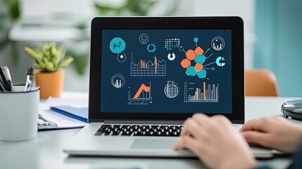 Digital marketing concept featuring a laptop screen displaying a content marketing calendar, set within a digital nomad's workspace. 