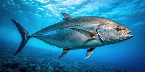 Giant trevally tuna caranx fish swimming isolated in the blue waters of Maldives diving site