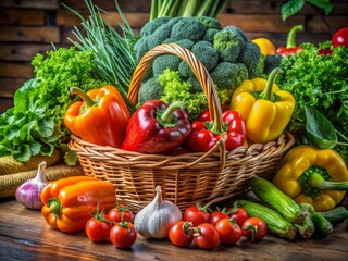 Colorful fresh vegetables arranged in a rustic basket, showcasing nature's bounty for a healthy lifestyle and vibrant cooking.