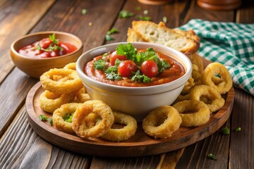 Delicious appetizer platter featuring crispy onion rings, savory sauce, and fresh toppings on a rustic wooden table.