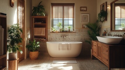 Bright and airy bohemian bathroom with patterned tiles, wooden accents, and soft lighting, creating a relaxed and stylish space.