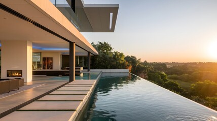 Fototapeta premium A modern architectural residence during sunset. The house features expansive glass windows and doors, allowing an unobstructedview of the lush greenery outside