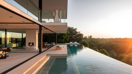Fototapeta premium A modern architectural residence during sunset. The house features expansive glass windows and doors, allowing an unobstructedview of the lush greenery outside