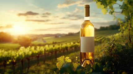 Fototapeta premium White wine bottle mockup set against a sunlit vineyard backdrop, with ample space for a logo and branding, highlighting the elegant product against a picturesque landscape