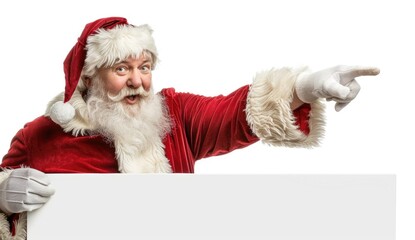 Naklejka premium Photo of a Santa with white gloves and red suit peeking over the edge on a side, pointing at empty space for text or product in the center.