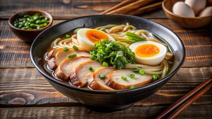 Delicious bowl of ramen featuring tender pork, soft-boiled eggs, and fresh greens, perfect for a comforting meal.