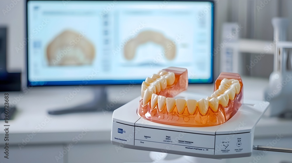 Poster step-by-step visualization of a digital dental scan process from scanning to 3d modeling