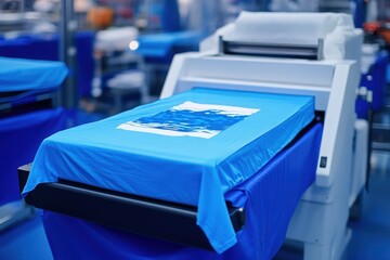 A blue t-shirt set up in a digital heat transfer press, ready for custom designs to be applied, illustrating the preparation phase in apparel decoration