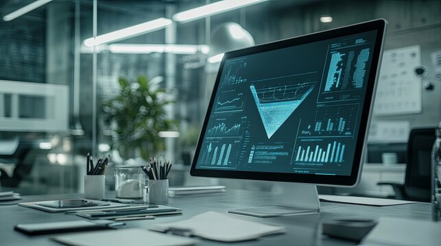 Digital marketing funnel visualization displayed on a large screen in a modern creative office. The sleek design emphasizes the concept of customer acquisition and conversion strategies