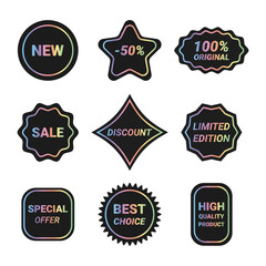 Set of holographic stickers for sale. Vector illustration with iridescent inscriptions of discounts and sales