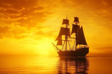 Obraz premium Silhouette of a Ship Against a Dramatic Sunset