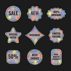 Set of holographic stickers for sale. Vector illustration with iridescent foil adhesive film