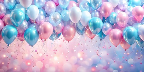 A stunning panoramic background featuring pastel pink and blue celebration balloons, with a shiny crystal finish
