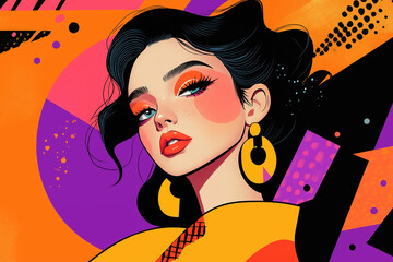 A fashion illustration of a pretty girl, graphic illustration orange, pink, purple and yellow colors. The graphic design, pop art, pop culture references, fashion illustration