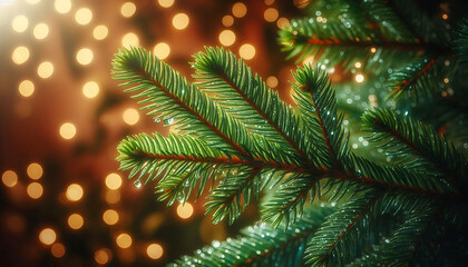 A pine tree branch with droplets of water showcasing vibrant green needles. The background features soft blurred bokeh lights in warm tones a festive atmosphere