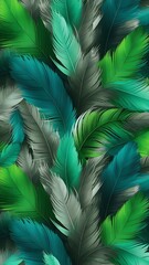 Seamless background with multicolored bright green, grey and turquoise feathers isolated on white
