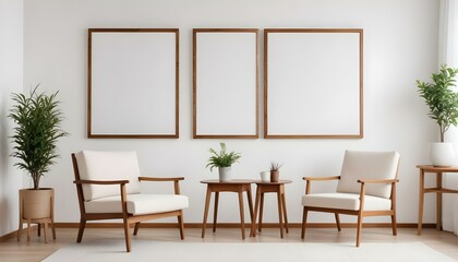 Two wooden framed blank canvases hanging on a white wall above two beige armchairs and a small wooden table.