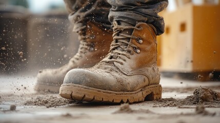 Close-up of muddy work boots on a construction site, emphasizing labor and ruggedness.