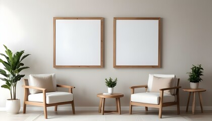 Two wooden framed blank canvases hanging on a white wall above two beige armchairs and a small wooden table.