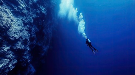 A diver swimming along the edge of the Great Blue Hole, with the deep blue abyss just below.