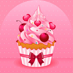 Cupcake with cherries and hearts on a pink background