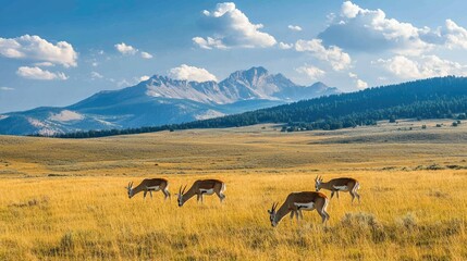 Fototapeta premium A group of pronghorn antelope grazing in the open plains of Yellowstone with distant mountains.