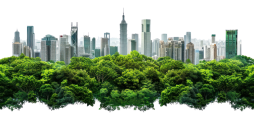 Urban skyline behind lush forest