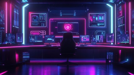 Neon-themed interface for a live conference featuring esports players, with a sleek HUD frame, streaming media overlays, and a vibrant, futuristic design for video screens and webcam boxes