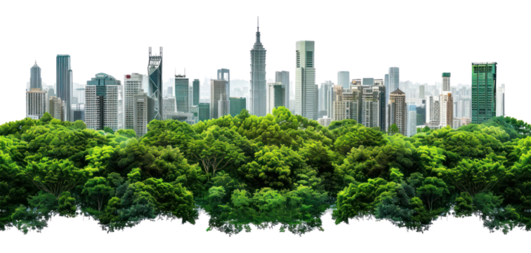 Urban skyline behind lush forest