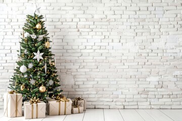 Photograph of a Christmas tree decorated with golden and white ornaments, shown from a three-quarter view against a white background.