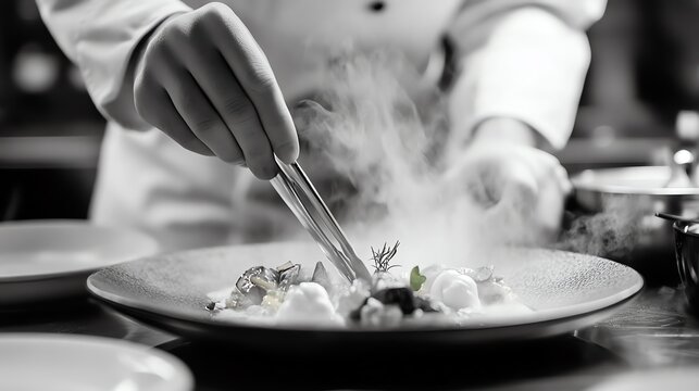 Chef plating a gourmet dish with tongs and smoke