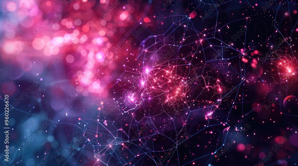 Poster vibrant abstract cosmic network with bright glowing elements, showcasing an intricate web of connect
