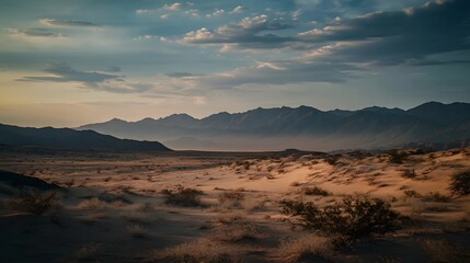 Fototapeta premium Desert Landscape with Mountain Range in the Distance at Sunset.