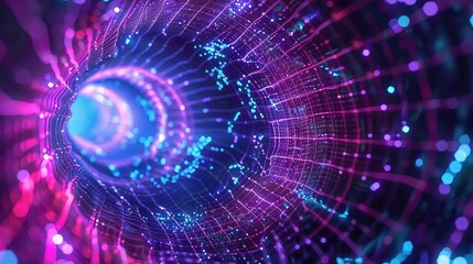 A vibrant, swirling tunnel of light showcasing futuristic patterns and colorful particles in motion.