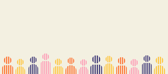 Social diversity horizontal banner, color minimalism silhouettes of people on the light background, slide template with copy space
