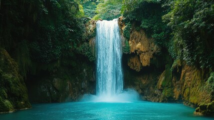 Fototapeta na wymiar A majestic waterfall cascading down a steep cliff into a turquoise pool below.