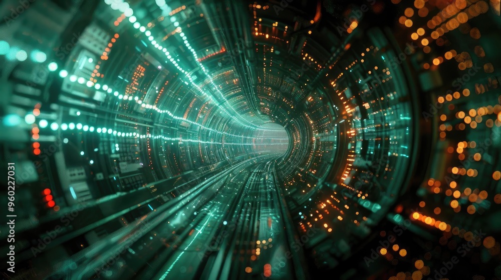Poster futuristic tunnel with glowing lights and digital patterns, evoking a sense of speed and technology 