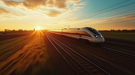 Obraz premium A modern Russian high-speed train speeding through a rural landscape at sunset.