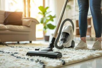 Fototapeta premium Close-up vacuum cleaner, woman uses vacuum cleaner at home. AI generative
