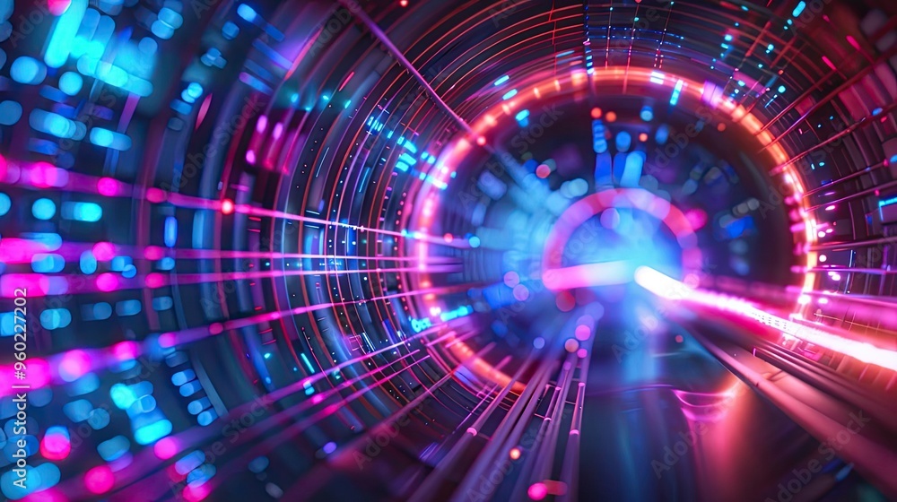 Aufkleber an abstract digital tunnel with vibrant lights and dynamic patterns, perfect for technology and futu