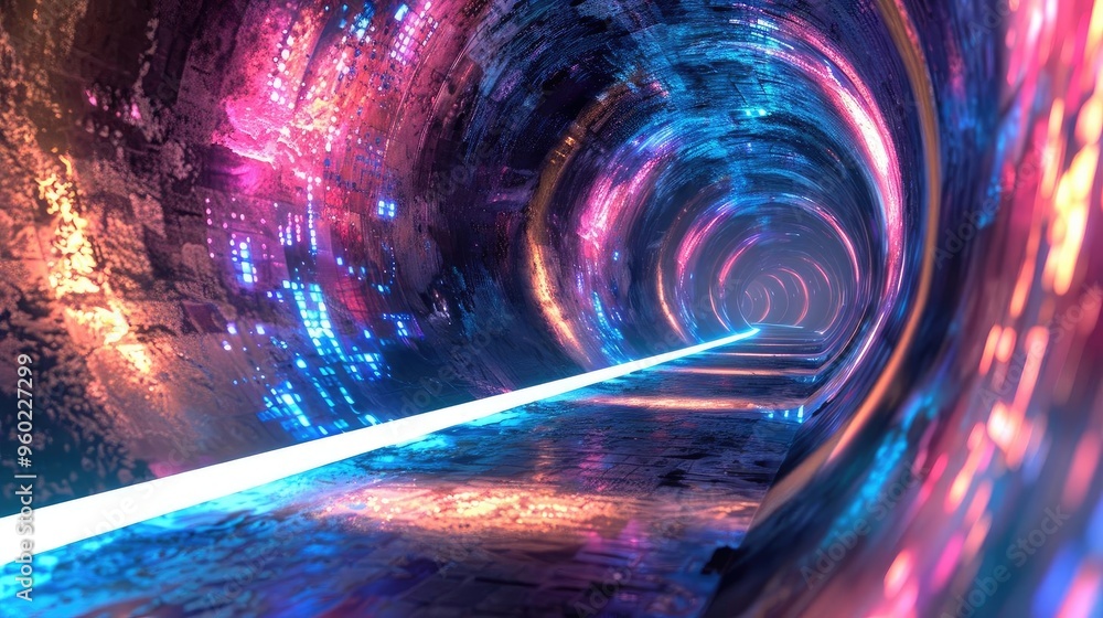 Poster a mesmerizing tunnel illuminated with vibrant colors and digital effects, creating a sense of depth 