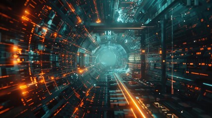 Futuristic tunnel with glowing lines, depicting a digital landscape in motion, ideal for sci-fi themes and technology visuals.