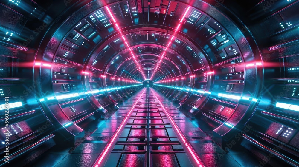 Poster futuristic tunnel with dynamic neon lights in blue and pink, creating a mesmerizing sci-fi atmospher
