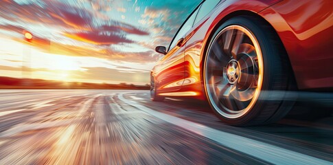 The car is driving on the road, close-up of wheels in motion, blurred background with beautiful landscape and sunset. Background banner for advertising summer travel or family vacation