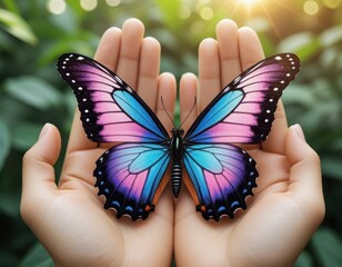 In the soft glow of twilight, a pair of open palms gently cradles a delicate digital butterfly. 