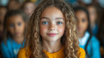 Close up of Joyful School Girl with curly blond hair and her Classmates behind her at Classroom. Selective Focus. Back to School Concept. 